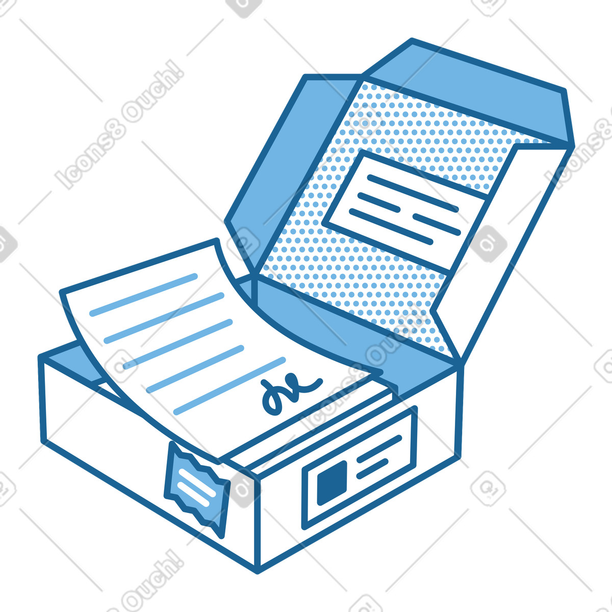 Illustration Paquet ouvert isométrique avec documents dans le style Natty à télécharger aux formats PNG, SVG