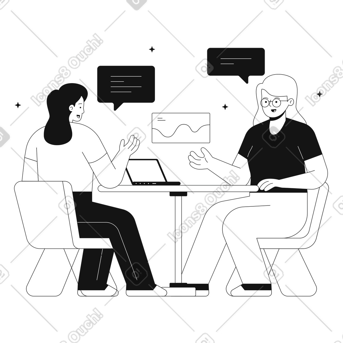 Frauen diskutieren diagramme in teamarbeit-Illustration im Teams-Stil als Download PNG, SVG