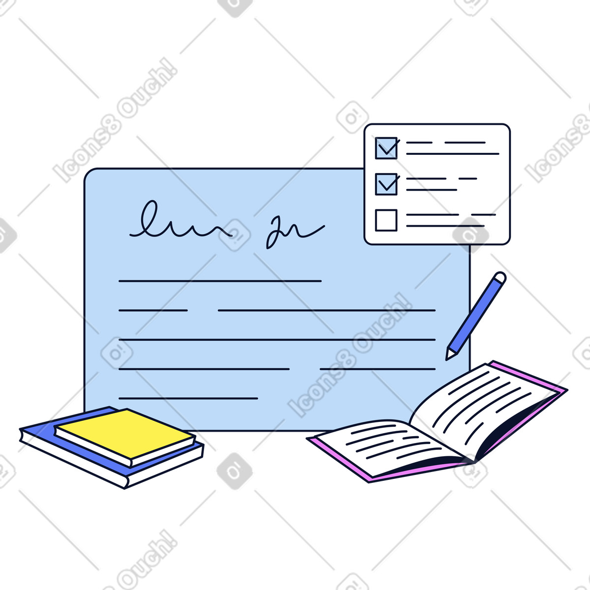 Study materials with note and checklist, academic organization and learning process illustration in Flexy style download in PNG, SVG