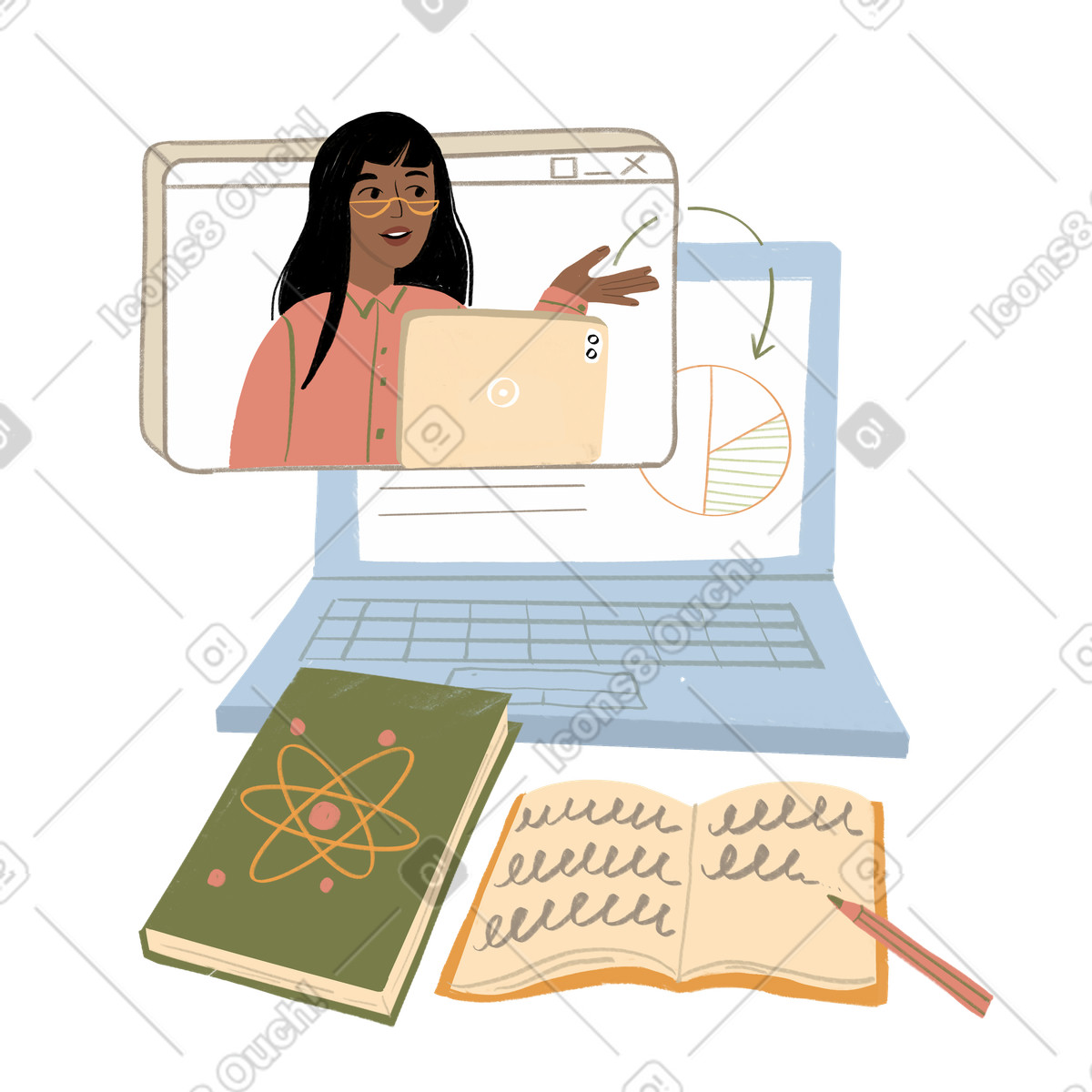 Studying physics and watching presentation on laptop illustration in Lumiere style download in PNG, SVG