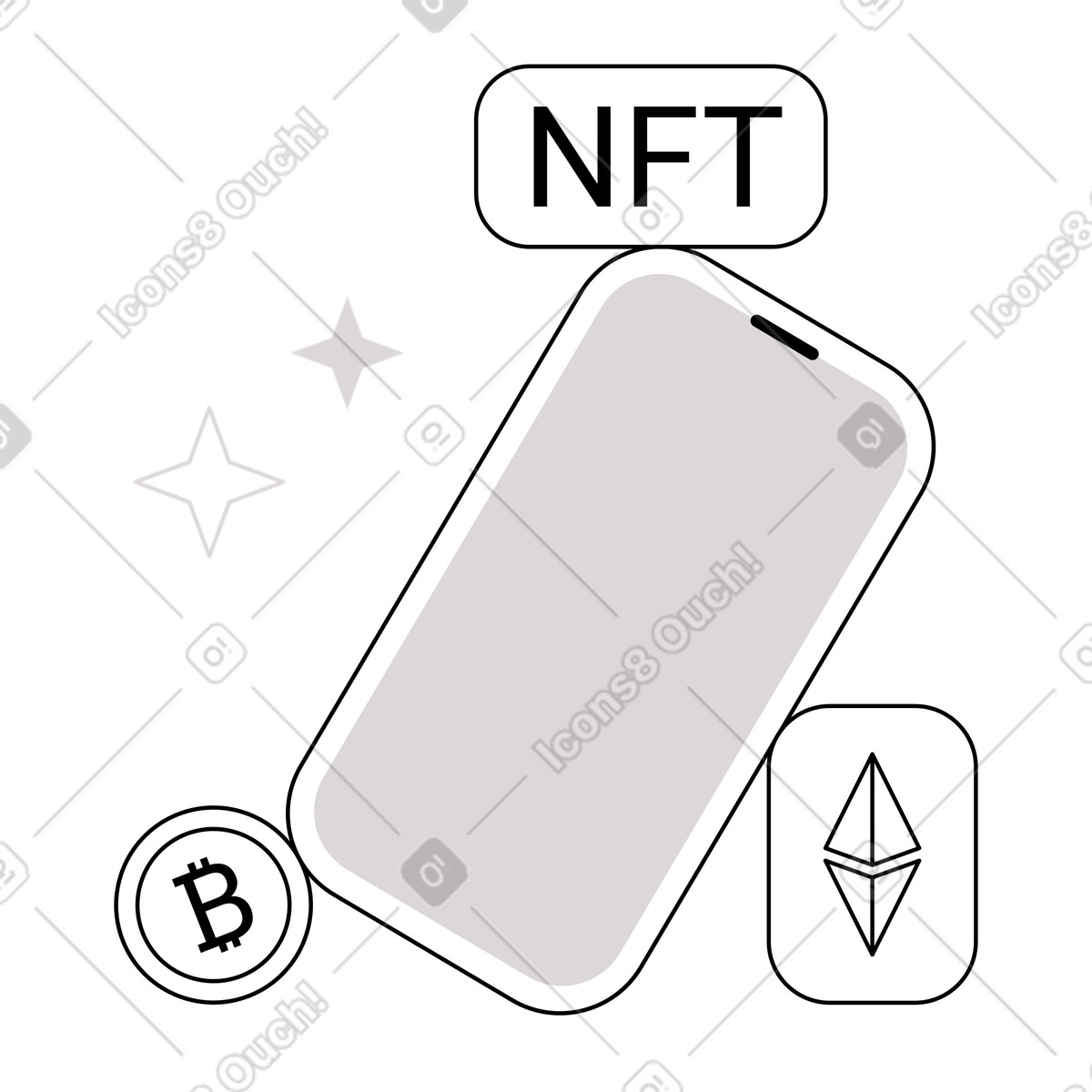 Digital assets on smartphone: NFT, bitcoin, ethereum illustration in PNG, SVG