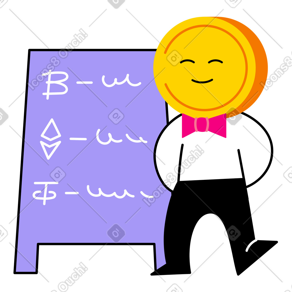 Coin head character selling cryptocurrency illustration in PNG, SVG