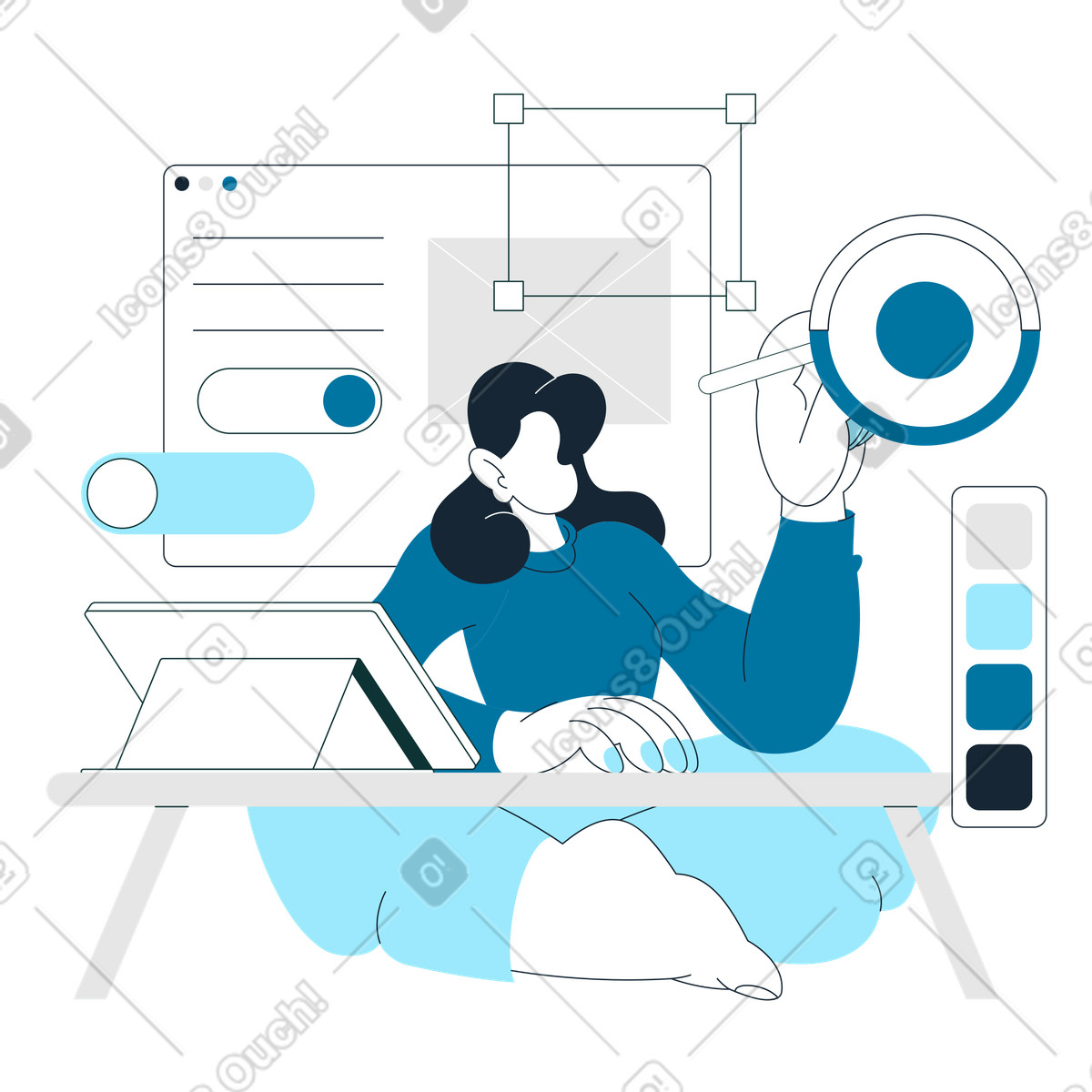 Frau arbeitet am website-design-Illustration im Indigo-Stil als Download in PNG, SVG