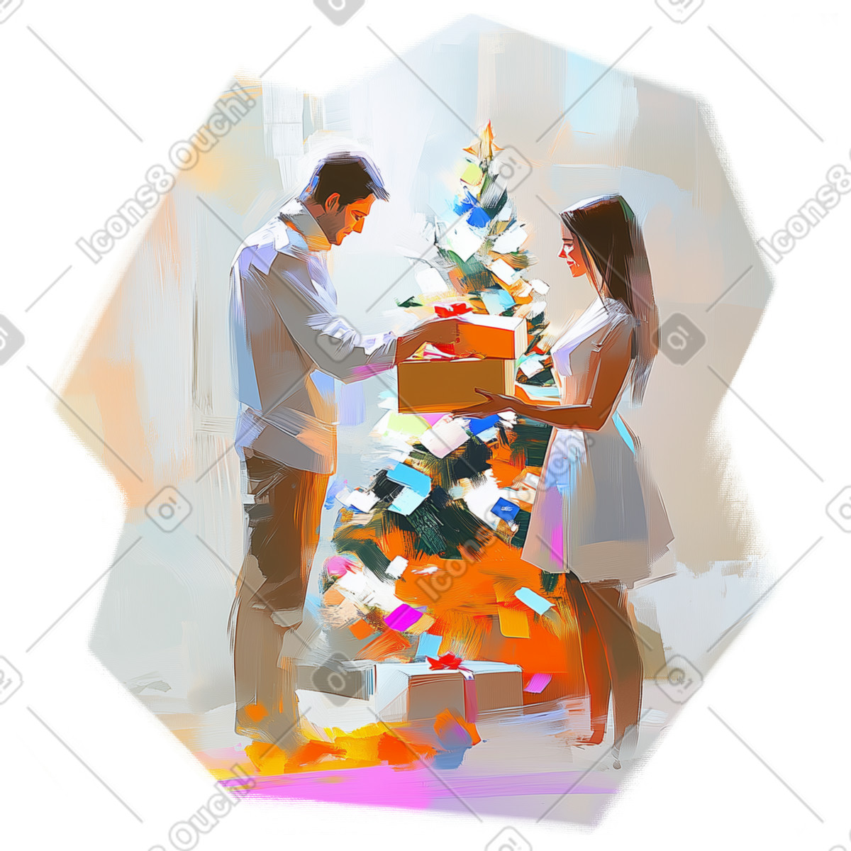 Illustration Peinture à l'huile d'un homme offrant un cadeau une femme dans le style Pictorial télécharger aux formats PNG, SVG