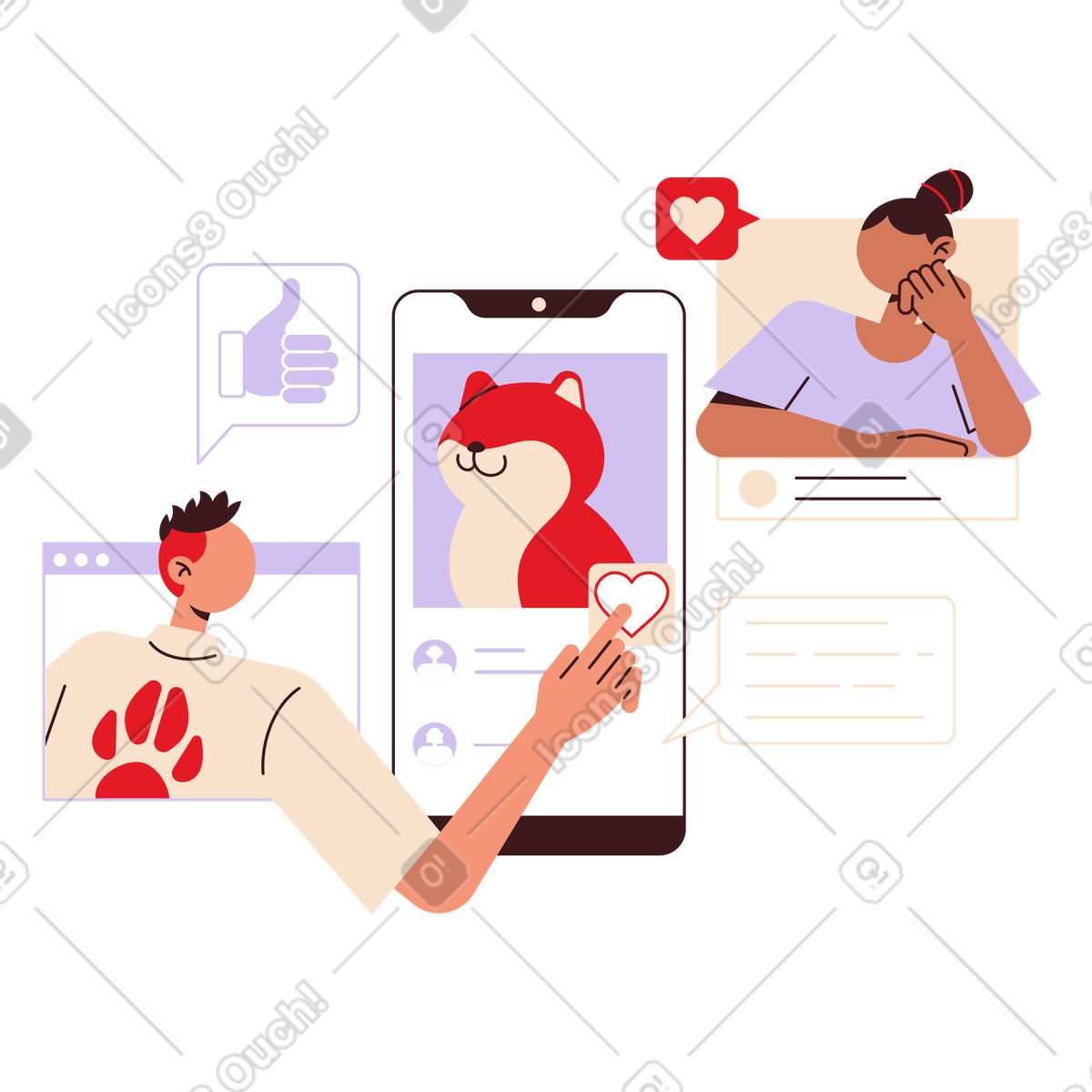 Users liking dog photo on smartphone, Social media engagement illustration in Folks style download in PNG, SVG
