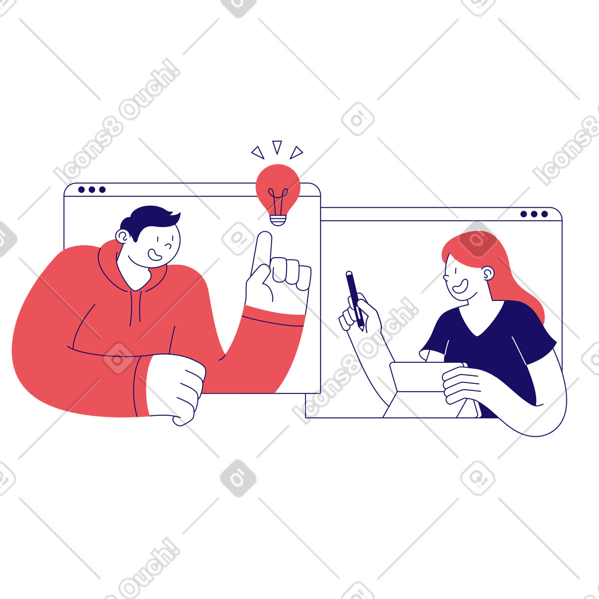 Mann und frau diskutieren über eine idee-Illustration im Bendy-Stil als Download in PNG, SVG