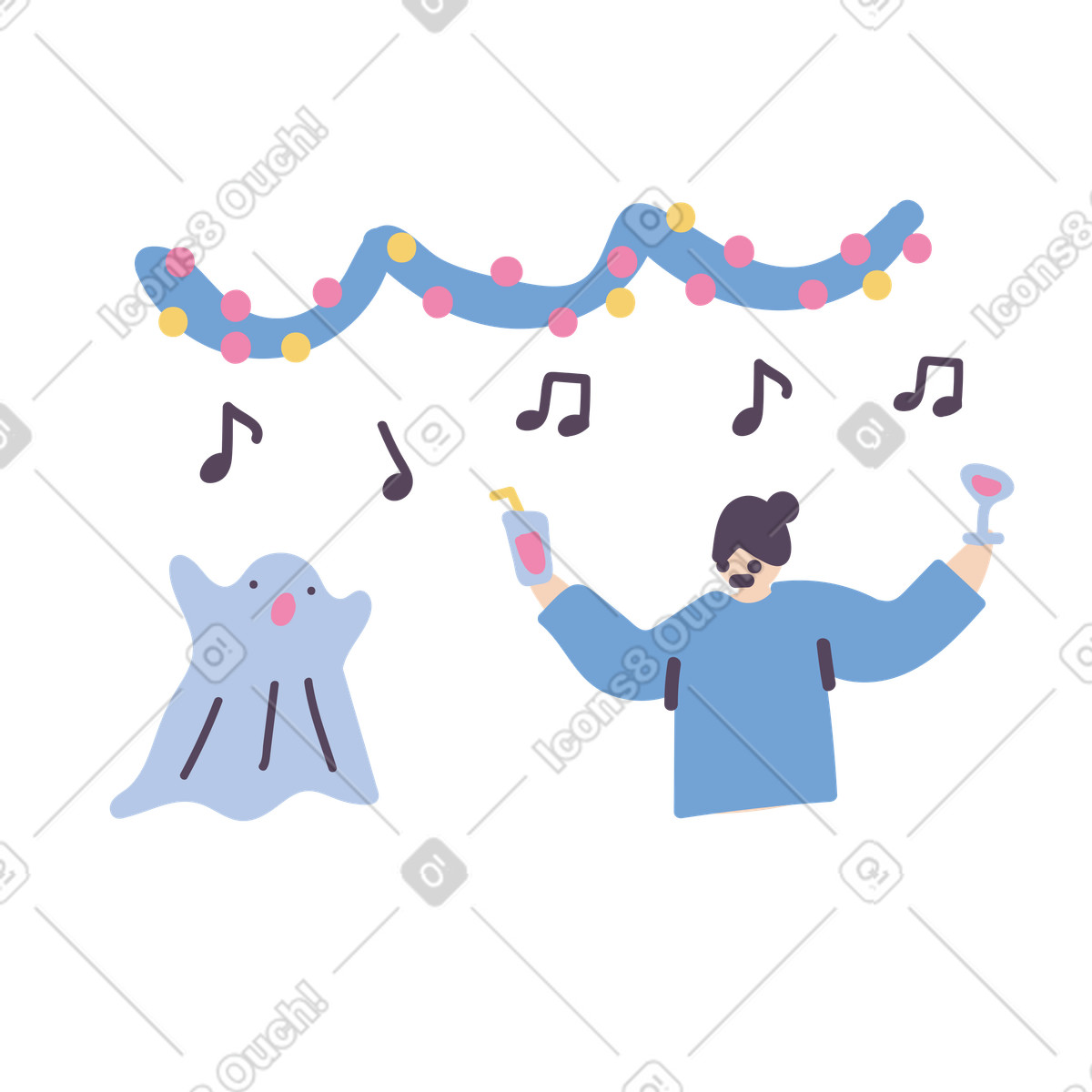 Ilustración Mujer y fantasma en la fiesta de halloween estilo Pluto a descargar PNG SVG