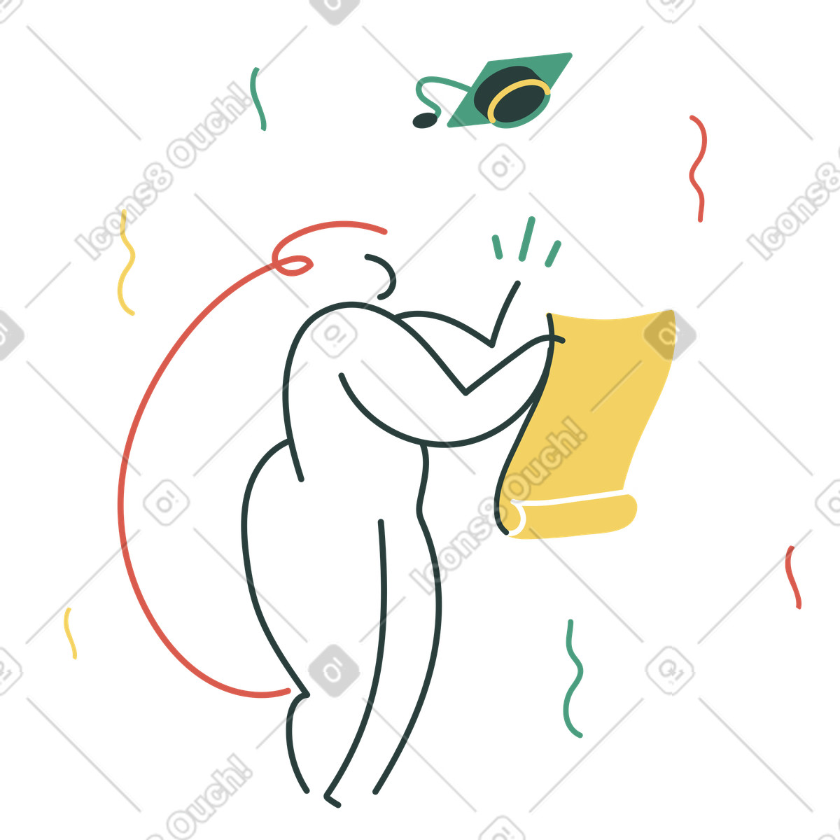 Ilustración Mujer con diploma celebrando la graduación en estilo Macaroni a descargar en PNG y SVG