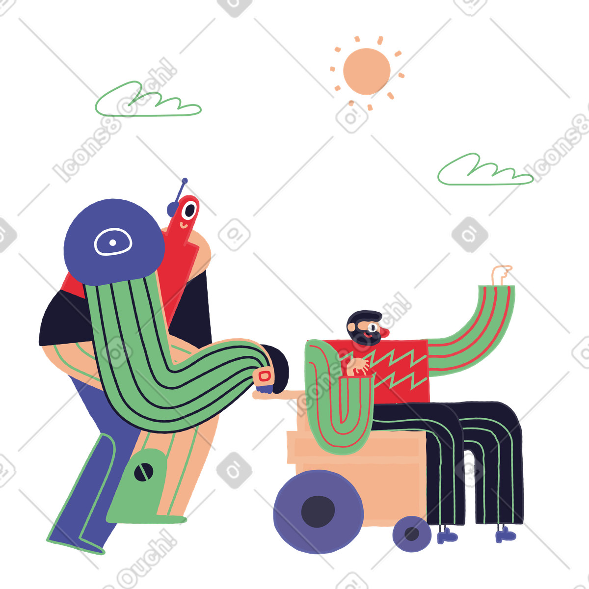 Illustration Marcher à l'extérieur en fauteuil roulant avec robot dans le style Stripy télécharger aux formats PNG, SVG