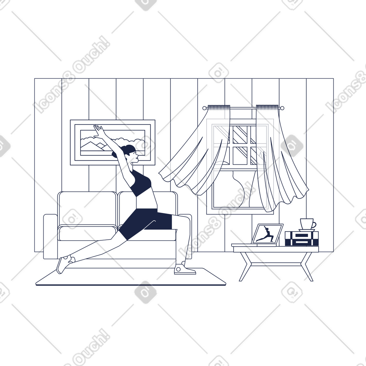 Illustration Following yoga instructions on laptop, online fitness class dans le style Urban Line à télécharger aux formats PNG, SVG