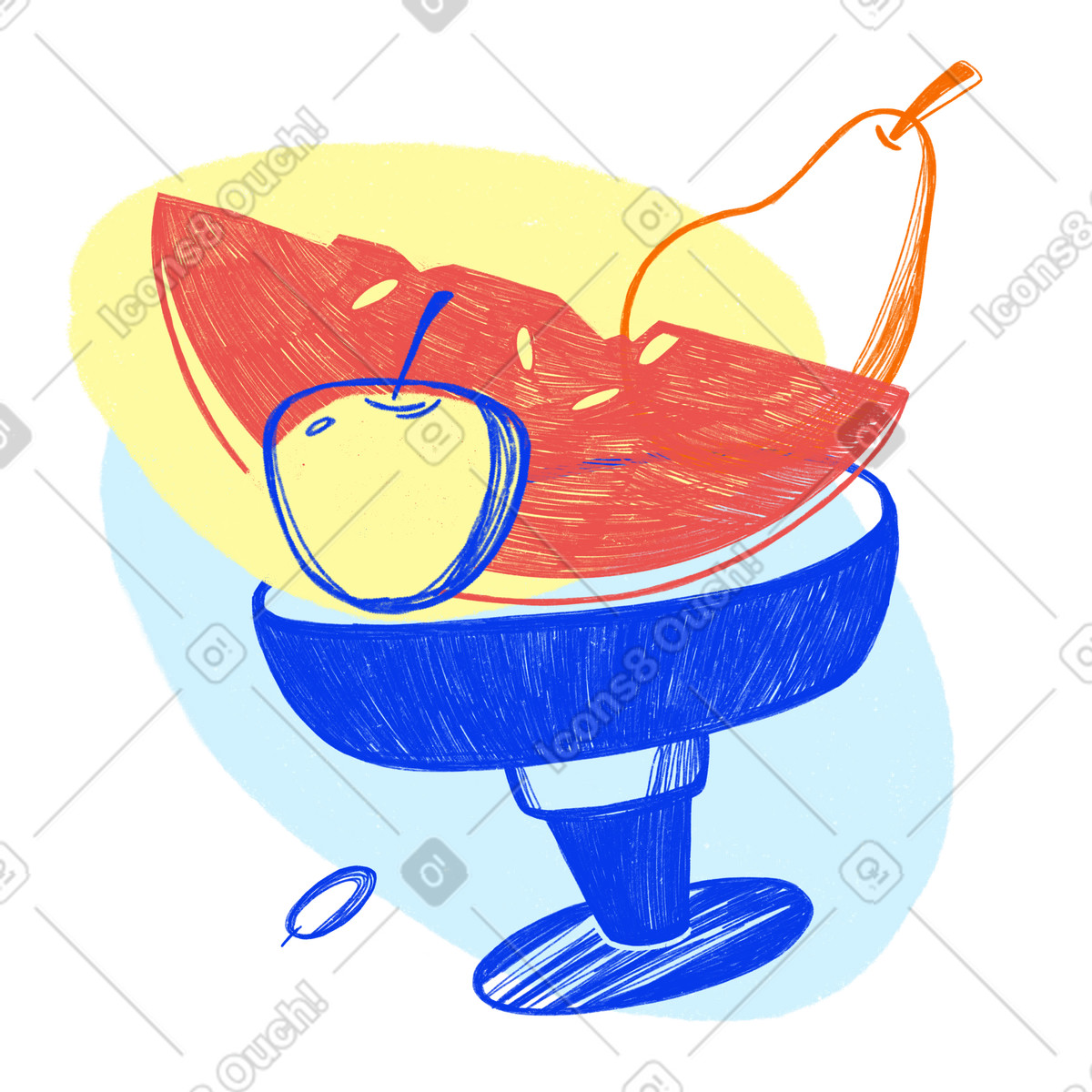 Blue vase with fruit on a decorative background illustration in Biro style download in PNG, SVG