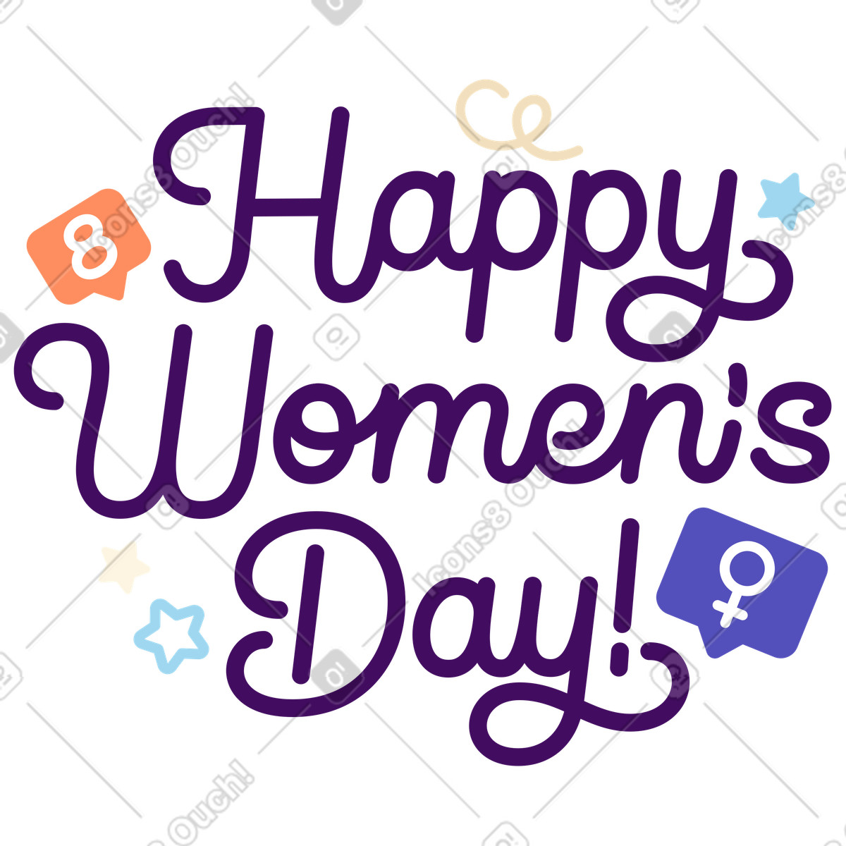 Handwritten Happy Women's Day text with decorations, March 8 holiday card-Illustration im Simplistic-Stil als Download in PNG, SVG