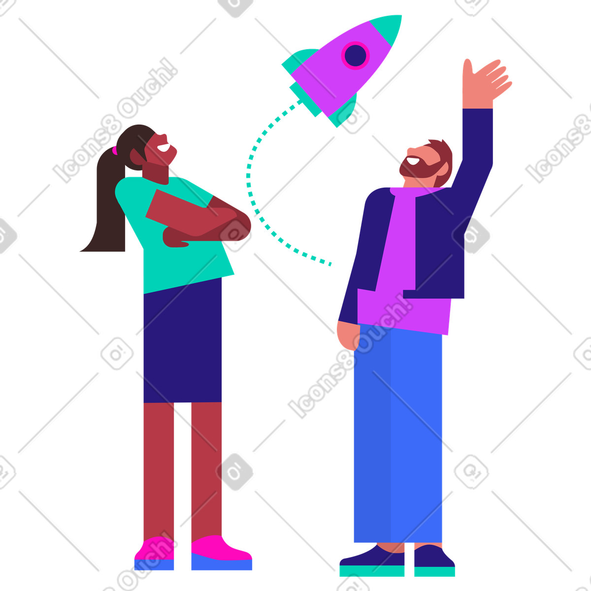 Man and woman launching startup illustration in Basic style download in PNG, SVG