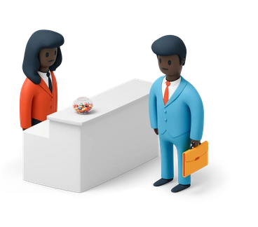 A man in a suit talking to a receptionist - 3D Flame style illustration