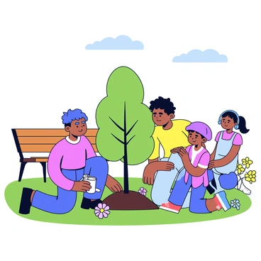 A family consisting of four members is planting a young tree together in a neighborhood park. The parents are kneeling beside the tree, gently placing soil around the base. The children, a boy and a girl, are holding a watering can, preparing to water the tree once it is planted. The park features a green grassy area with a few colorful flowers nearby. There is a wooden park bench in the background, and a clear blue sky overhead. The scene conveys a sense of togetherness and care for the environment.