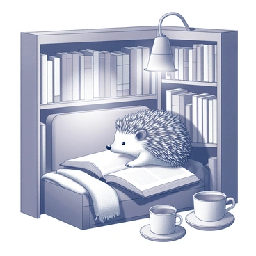 A hedgehog is curled up in a cozy library nook, nestled against an open book. The hedgehog's spines are visible, creating a textured appearance, and it looks peaceful and comfortable. The nook is filled with wooden bookshelves that are lined with an array of books. A small reading lamp casts soft light over the scene, illuminating the hedgehog and the pages of the book. A comfy chair is positioned nearby, with a soft blanket draped over the armrest. A small cup, possibly for tea, sits on a nearby table, adding to the cozy atmosphere of the space.