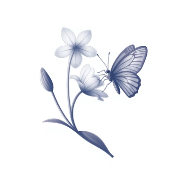 A butterfly with detailed wings is landing on a mayflower blossom. The butterfly's wings are adorned with intricate patterns. The mayflower has several delicate petals, each with a distinct shape and texture. The scene captures the moment of the butterfly gently touching down on the flower, with its antennae elegantly extended.