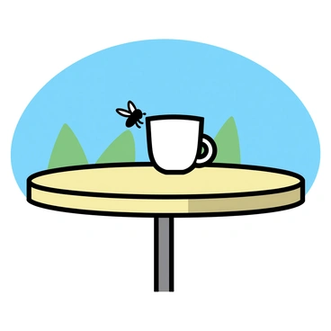 A small fly is perched on the edge of a tiny cup of coffee. The cup is placed on a round outdoor cafe table. The table is made of light wood and has a simple design. The scene is set under a clear blue sky, with a few distant green leaves visible in the background. The fly is black with delicate wings, and it is facing the cup, seemingly enjoying the aroma of the coffee.