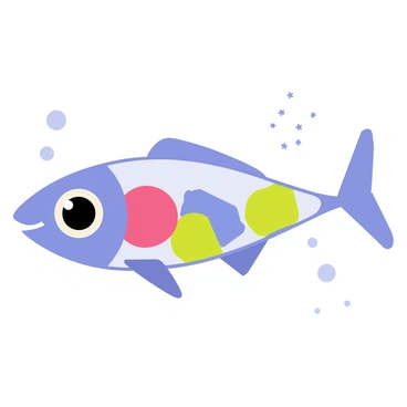 A fish with a streamlined body swimming gracefully through water. The fish has a transparent belly that reveals vibrant microplastics inside, showcasing an array of colors such as bright pink, electric blue, and vivid green. The surrounding water is filled with small particles of microplastics, gently floating and reflecting light. Bubbles rise around the fish as it moves, creating a dynamic underwater scene.