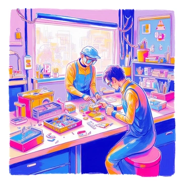 A cluttered repair shop filled with various robotic parts scattered across the workbench. There are metal gears, wires, and circuit boards stacked haphazardly. A technician is working diligently at the center of the shop, wearing a blue jumpsuit and safety goggles. He is holding a screwdriver and is focused on assembling a small robotic arm. A toolbox is open nearby, revealing an assortment of tools. The walls are adorned with posters of mechanical schematics and blueprints. Bright overhead lights illuminate the workspace, highlighting the intricate details of the robotic components.