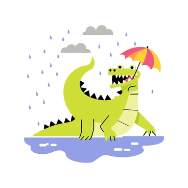 A green crocodile holding a colorful umbrella is splashing in puddles. The crocodile has a big smile on its face, showcasing its sharp teeth. Raindrops are falling from the sky, creating ripples in the puddles. The ground is wet and reflective, with several puddles around the crocodile. There are dark gray clouds above, indicating a rainy day. The scene is lively, filled with droplets and the cheerful energy of the crocodile enjoying the rain.