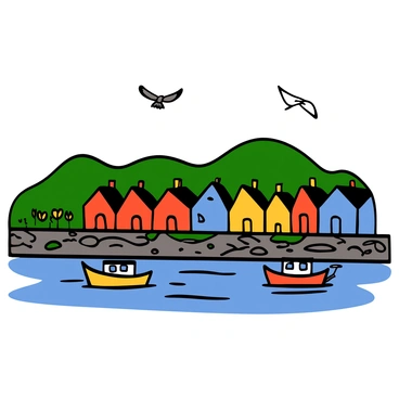 A quaint Scottish seaside village with a row of colorful houses, each painted in bright hues of blue, red, and yellow. In the foreground, several fishing boats are anchored in the calm water, their hulls reflecting the vibrant colors of the houses. The scene includes a rocky shoreline with patches of green grass and small tufts of wildflowers. A few seagulls can be seen flying overhead against a clear blue sky. In the background, rolling green hills rise gently, completing the picturesque landscape.