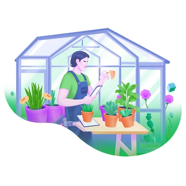 A gardener stands inside a lush greenhouse filled with an array of vibrant green plants and colorful flowers. The gardener is focused, holding a notepad in one hand while thoughtfully arranging different pots on a wooden table. Various herbs, succulents, and flowering plants are scattered around, showcasing their unique shapes and colors. Natural light filters through the glass panels of the greenhouse, illuminating the scene and highlighting the gardener's concentration as they jot down notes and ideas for the perfect plant arrangements.
