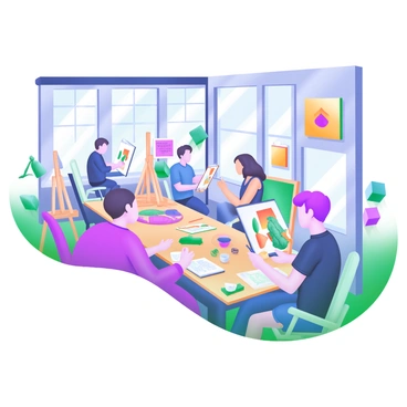 A modern pastel illustration of a cooperative workspace filled with artists and freelancers engaged in various creative activities. A diverse group of individuals is scattered around the room, some sitting at desks with sketchpads and laptops, while others are painting on easels. The workspace features large windows allowing natural light to flood in, illuminating the colorful artwork on the walls. There are plants in the corners, adding a touch of greenery. A large communal table is covered with art supplies, notebooks, and coffee cups, where a few people are collaborating and discussing ideas. The atmosphere is vibrant and dynamic, showcasing creativity in action.