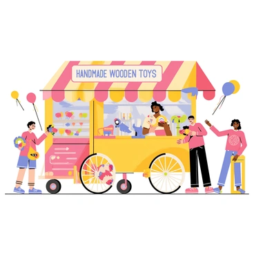 A whimsical toy cart selling handmade wooden toys at a fairground