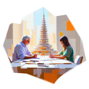Two architects are focused intently on a large set of blueprints spread out before them on a wooden table. One architect is an older man with grey hair and glasses, wearing a blue shirt, while the other is a younger woman with dark hair and a green blouse. They are surrounded by sketches and architectural tools, with a large model of the Tower of Babel beside them. The model features intricate details, capturing the tower's spiral shape and multiple levels, showcasing an ancient, grand design. Sunlight filters through a large window, illuminating the workspace.