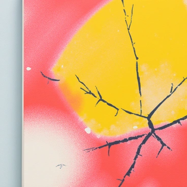 A close-up view of a painting that once displayed vibrant colors but is now cracked and faded. The canvas shows a mixture of hues such as deep reds and bright yellows, but the paint has started to flake away. Fine cracks spiderweb across the surface, revealing the texture of the canvas beneath. Parts of the painting exhibit discoloration, with patches where the original colors have dulled significantly. Surrounding the painting, the wall is textured, showing signs of age with uneven surface and subtle stains.