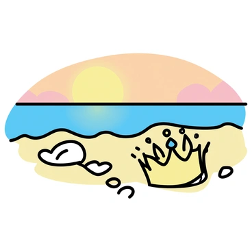 A delicate crown, intricately designed with small gemstones, lies on a sandy beach. The crown's metal glimmers as the warm hues of the sunset cast a golden light over the scene. Gentle waves lap at the edges of the sandy shore, and a few seashells are scattered around the crown, adding to the beach's natural beauty. The sky transitions from orange to deep blue, with soft clouds illuminated by the fading sunlight.