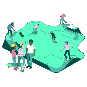 A teal skatepark with multiple ramps and half-pipes is bustling with activity. Skateboarders of different backgrounds are present, showcasing various skills as they perform tricks. A group of three skateboarders, one wearing a yellow helmet, another with pink sneakers, and the last one in a white t-shirt, are laughing as they cheer each other on. Nearby, a skateboarder with orange wheels is attempting a jump off a ramp, while another skater in a blue cap is preparing for a trick. The atmosphere is filled with energy and camaraderie as everyone shares the space equally.