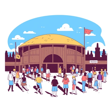 The exterior of the Globe Theatre is portrayed with a vibrant crowd gathered around. People of various ages and backgrounds are interacting, some engaging in lively discussions while others are admiring the architecture. The theatre's structure is detailed, with its iconic wooden beams and thatched roof clearly visible. Sunlight casts distinct shadows on the ground, and a few colorful banners flutter in the gentle breeze. The clear blue sky above adds to the lively atmosphere, creating a sense of activity and anticipation.