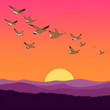 A flock of birds flying freely across an open sky at sunset