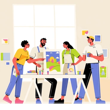 A bright studio filled with natural light streaming through large windows. Four artists are gathered around a drawing table, engaged in discussion. One artist, a woman with short curly hair wearing glasses, points at a large illustration on the table. The illustration features a colorful fantasy landscape. Another artist, a man with a beard wearing a paint-splattered apron, is leaning in closer to examine the details. A third artist, a tall woman with long hair, is taking notes on a notepad. The fourth artist, a young man with a baseball cap, is nodding thoughtfully while holding a coffee cup. Various art supplies, including paintbrushes and sketchbooks, are scattered around the studio. The walls are adorned with unfinished artworks and mood boards.