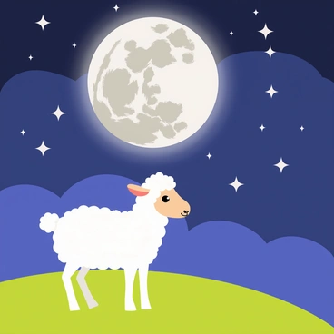 A fluffy white lamb standing on a grassy hillside, looking up at a large, silver full moon. The moon is illuminated brightly against a deep blue night sky filled with twinkling stars. The stars are scattered across the sky, adding a sense of wonder to the scene. The lamb's wool is fluffy and textured, contrasting with the smooth glow of the moon. The grassy hillside is gentle and inviting, enhancing the tranquil atmosphere of the night.