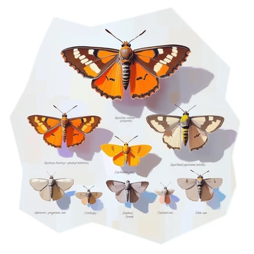 An illustrated collection of various moths displayed in a systematic arrangement based on size and color. The largest moth, "Hyalophora cecropia," is positioned at the top, showcasing its striking patterns in shades of brown, orange, and cream. Below it, several medium-sized moths, including "Antheraea polyphemus" in rich browns and greens, and "Saturnia pyri" with its pale yellow hues, are arranged in descending order. At the bottom, smaller moths such as "Plagodis firmata" and "Ellida cana" present their delicate wing patterns in muted colors of gray and beige. Each moth is labeled with its scientific name beneath it, creating a visually coherent and informative display.