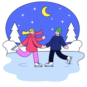 A couple is holding hands while ice skating on a frozen pond. The woman has long flowing hair and is wearing a bright red scarf, while the man is wearing a green beanie and a navy blue coat. They are surrounded by glimmering ice and their skates are leaving trails behind them. Above them, the night sky is filled with sparkling stars, with a crescent moon shining down, illuminating the scene. In the background, there are snow-covered trees that frame the pond, adding to the winter atmosphere.