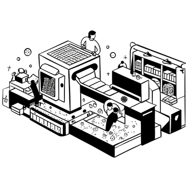 An inside view of a cracker factory, showcasing large machines with intricate gears and levers working in unison. Rows of freshly baked crackers are emerging from the production line, stacked neatly on conveyor belts. Flour dust is settling in the air, creating a textured atmosphere. Workers dressed in uniforms are busy monitoring the machines and packaging the crackers into boxes. Storage shelves filled with ingredients are visible in the background, adding to the industrial feel of the scene.