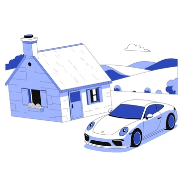 A Porsche 911 is parked in front of a cottage made of rustic stone. The cottage has a thatched roof and wooden shutters. There are flower boxes beneath the windows filled with blooming plants. In the background, rolling hills extend into the distance, dotted with trees and patches of grass. The sky above is clear and expansive. The scene conveys a sense of tranquility, highlighting the contrast between the sleek car and the cozy cottage.