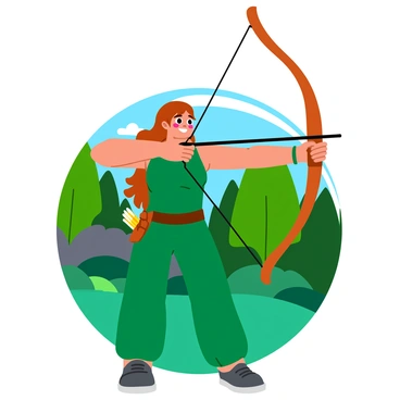 A skilled female archer pulling back her bowstring with focus and determination