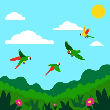 A flock of vibrant parrots in various colors, including green, red, and yellow, is flying gracefully across a bright blue sky. The sun is shining brightly, casting lively shadows on the fluffy white clouds scattered in the background. Below, a lush jungle filled with various shades of green foliage densely populates the landscape, with occasional bursts of colorful flowers peeking through the greenery. The scene captures the dynamic movement of the parrots as they soar high above the vibrant jungle below.