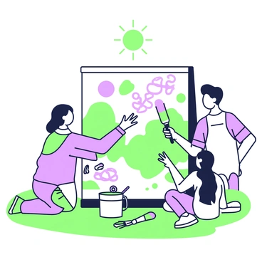 A group of illustrators is working together on a large canvas mural outside. They are gathered around the canvas, each one contributing unique elements to the artwork. One illustrator is using a green paintbrush to apply bold shapes, while another is adding intricate patterns with a purple pen. The canvas showcases a vibrant scene blending various styles, with overlapping sections demonstrating their collective creativity. Nearby, there are paint buckets and brushes scattered on the grass, reflecting a collaborative atmosphere. The sun is shining down, illuminating the scene as they discuss their ideas enthusiastically.