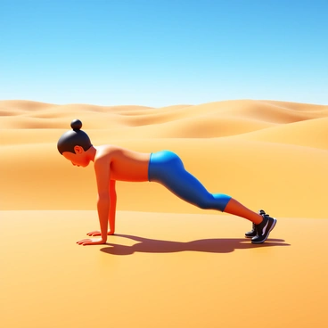 A person in athletic wear performing a plank position on the warm sand. The vast desert landscape spreads out in the background, featuring undulating dunes and a clear blue sky overhead. The sunlight casts distinct shadows on the sand, highlighting the contours of the person's athletic body. The scene conveys a sense of determination and strength amidst the expansive, arid environment.