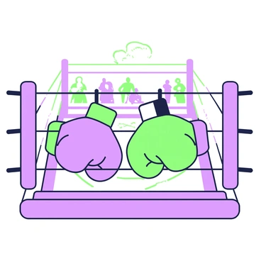 A pair of boxing gloves is hanging from the ropes of a boxing ring. The gloves are positioned side by side, swinging slightly with the movement of the ropes. The boxing ring is surrounded by tall posts, and the surface below is marked with a cross pattern. In the background, there are blurred figures of spectators watching the match. The lighting casts shadows across the ring, enhancing its features and the textured surface of the gloves.