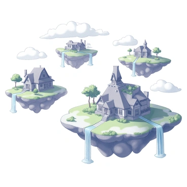 A series of floating islands in the sky, each adorned with small houses made of wood and stone. The houses are clustered together, featuring thatched roofs and small balconies. Waterfalls cascade from the edges of the islands, creating streams of water that disappear into the clouds below. Lush greenery covers the surfaces of the islands, with a variety of trees and plants thriving in this unique environment. The sky is filled with wispy clouds that surround the islands, enhancing the ethereal feel of the scene.