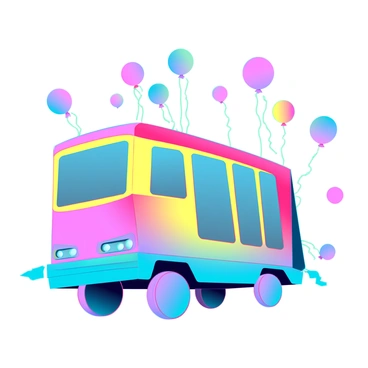 An express car decorated with bright colors and balloons for a carnival parade