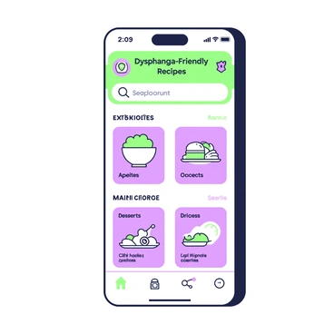 A mobile app interface is displayed prominently, showcasing a menu designed for dysphagia-friendly recipes. The interface features a clean layout with a green header that contains the title "Dysphagia-Friendly Recipes." Below the header, there are various recipe cards, each with a purple border. Each card presents a dish name in bold text, along with a small image of the food item, depicted with a simple green-and-purple outline illustration. The menu includes sections for appetizers, main courses, and desserts, clearly labeled in a user-friendly font. A search bar is positioned at the top of the screen for easy navigation, accompanied by an icon of a magnifying glass in green. The overall design emphasizes simplicity and accessibility, ensuring it caters to the needs of its users effectively.