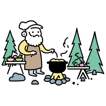 A dwarf chef with a bushy beard and wearing a brown apron is stirring a bubbling pot of stew over a crackling campfire. He is standing on a bed of stones, surrounded by tall pine trees and scattered rocks. The pot is made of dark iron, and steam rises from it, indicating the stew is hot. Nearby, a wooden table holds fresh vegetables and herbs. The dwarf has a determined expression as he focuses on his cooking, with a small wooden spoon in hand. The campfire is surrounded by several logs arranged for seating.